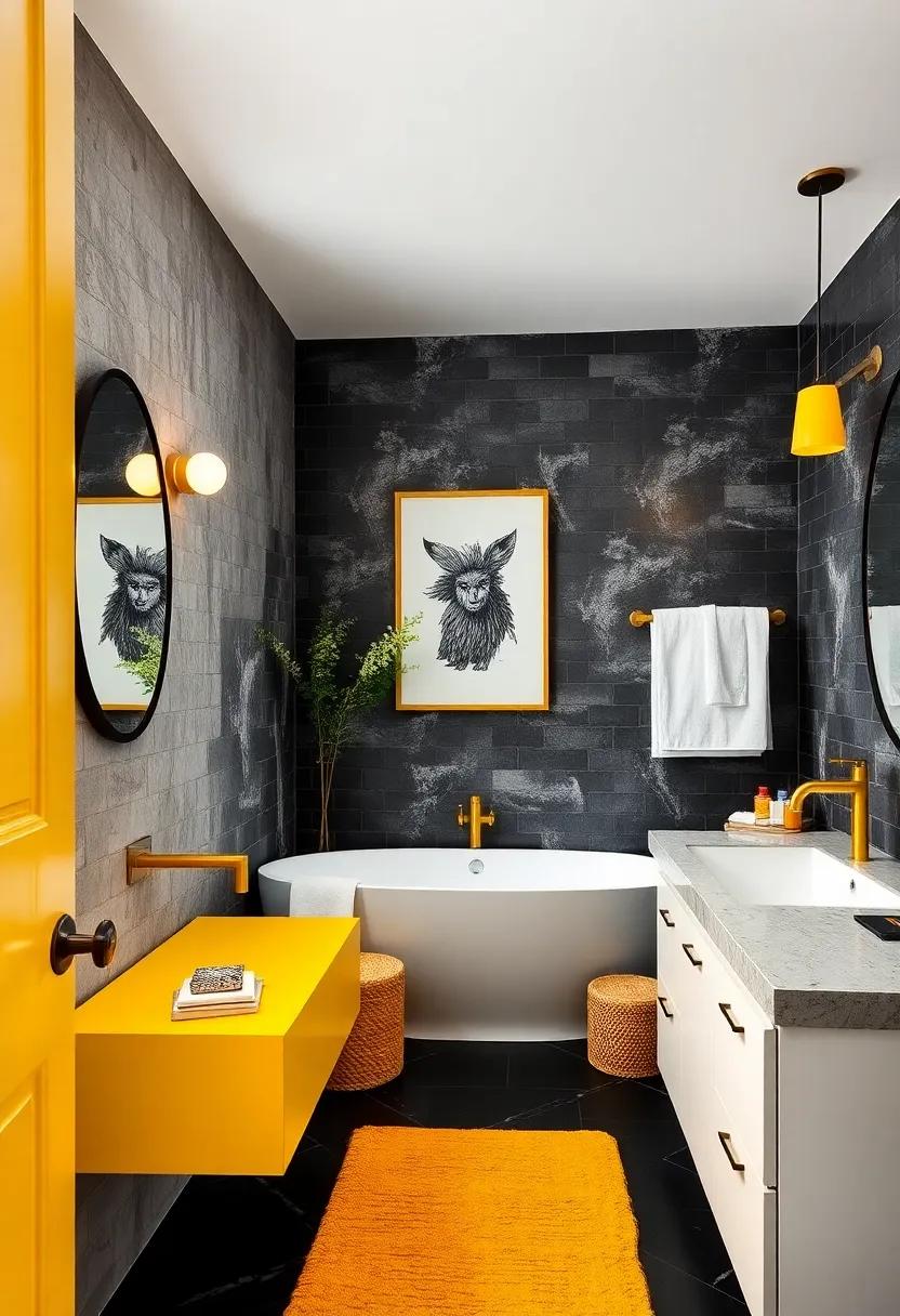 mustard Yellow ⁢Fixtures in a black and White Bathroom