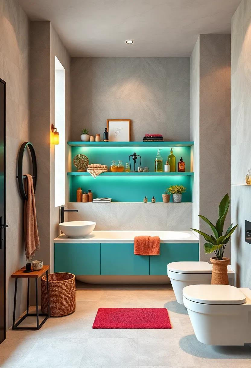 Turquoise⁤ Bathroom ‌Shelves Accentuated by Warm Lighting