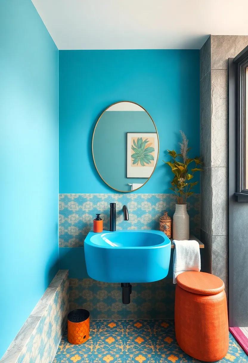 Electric Blue⁤ Sink with Coordinated Bold Patterned tiles