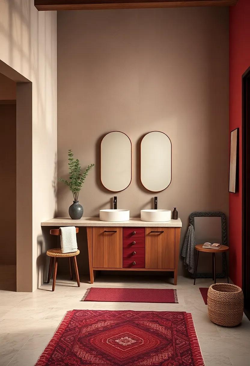 Rich Burgundy Vanity Paired ‍with Soft ⁤Beige Walls