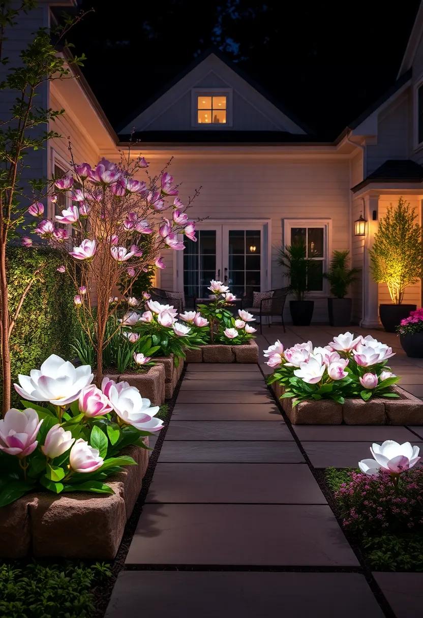 Midnight magnolia lights: Bold⁤ magnolia blooms ⁢featuring fiber optic highlights ​for a ⁢captivating night-time garden