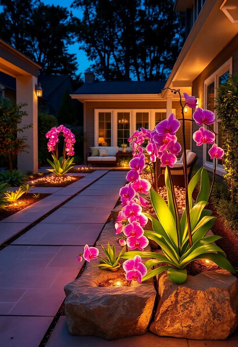 Opulent⁣ Orchid Luminescence: A dramatic display‌ of orchids shimmering with fiber optic light, perfect ‌for a luxurious garden accent