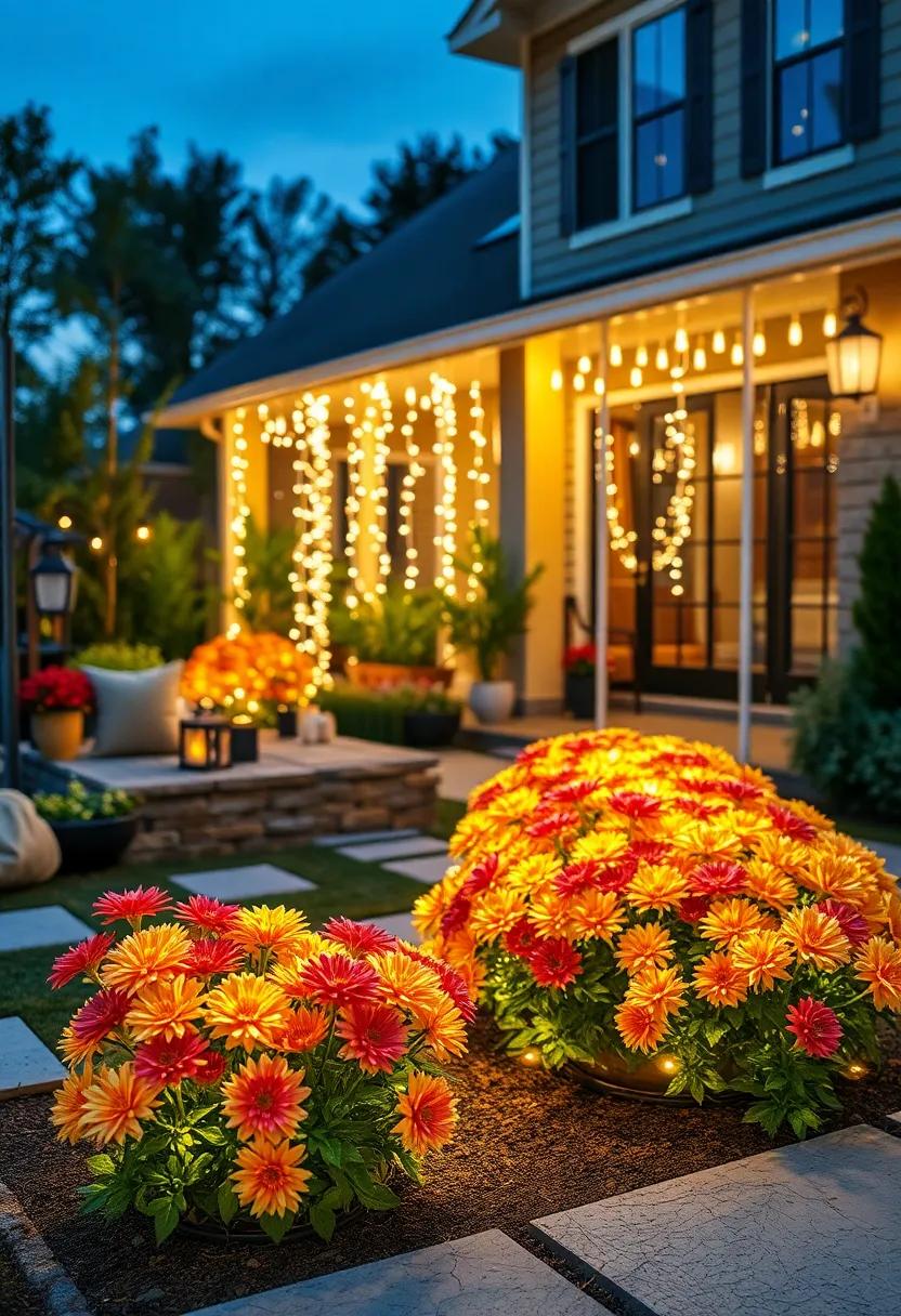 Celestial Chrysanthemum Glow:⁢ Chrysanthemums embraced with fiber optic‌ strands, continuing their ‍starry, autumnal charm ⁢after dark