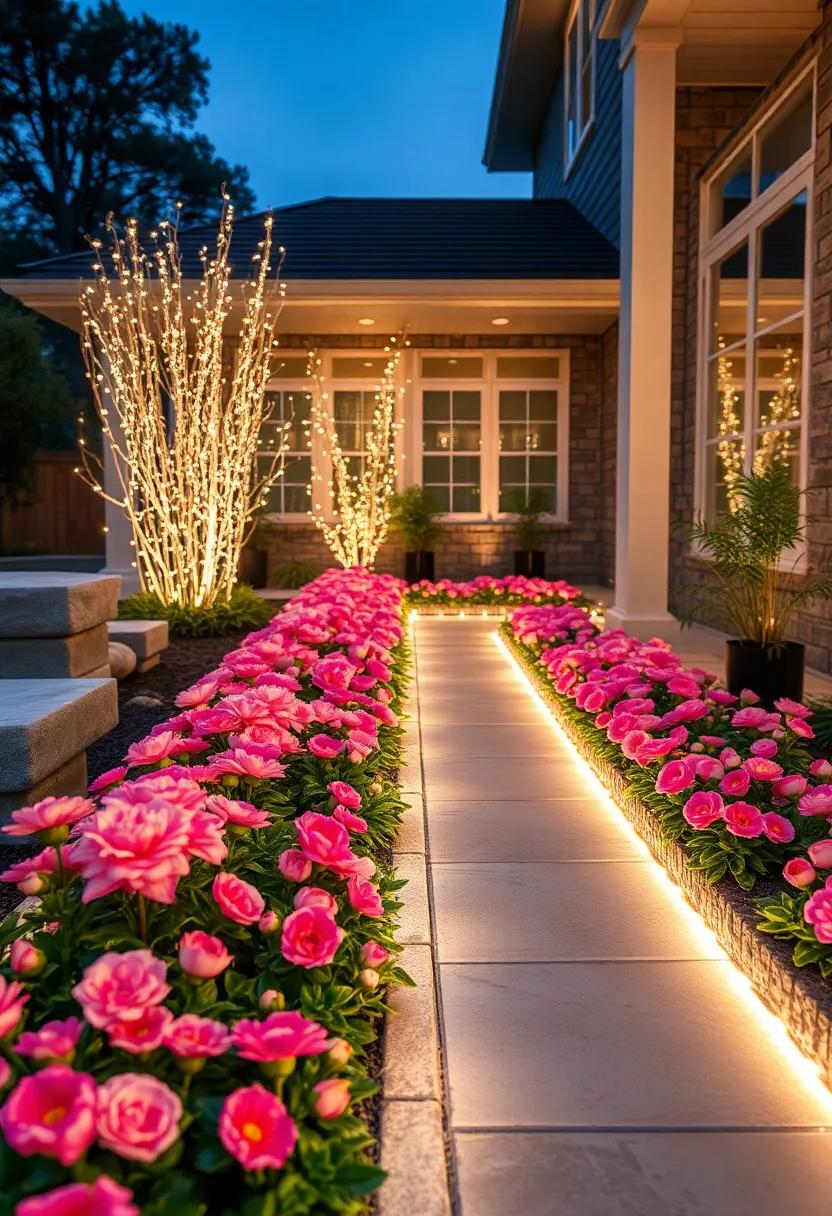 Radiant ranunculus rows: Rows of ranunculus⁤ flowers ‌intertwined with fiber optic‍ lights for a structured​ yet glowing effect