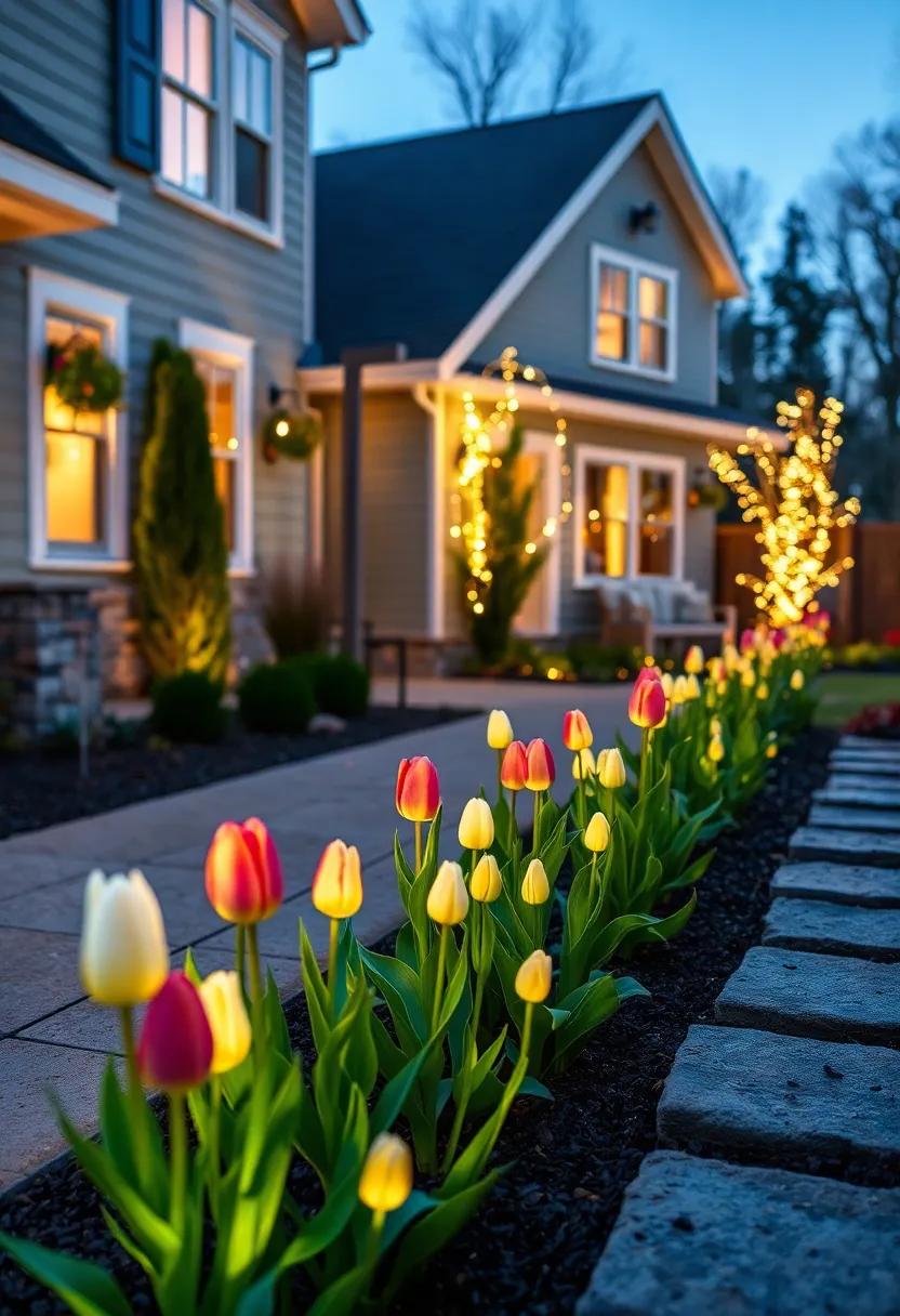 Twilight Tulip Glow: Elegant tulips illuminated with fiber optic strands, adding a ‌whimsical touch to your garden path