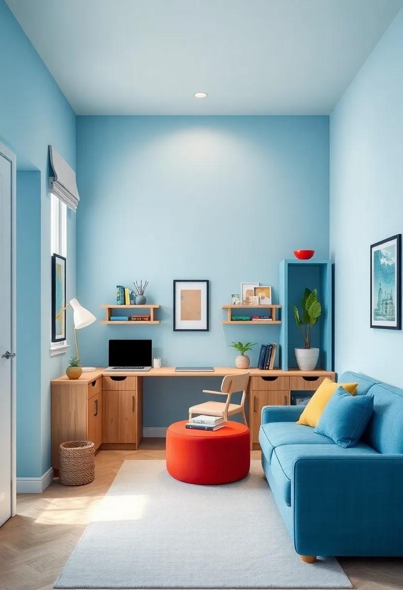 Light‍ Blue​ Study Area with Functional Storage: Combine calm blue walls with organized, stylish storage ‌solutions to boost focus and⁣ style