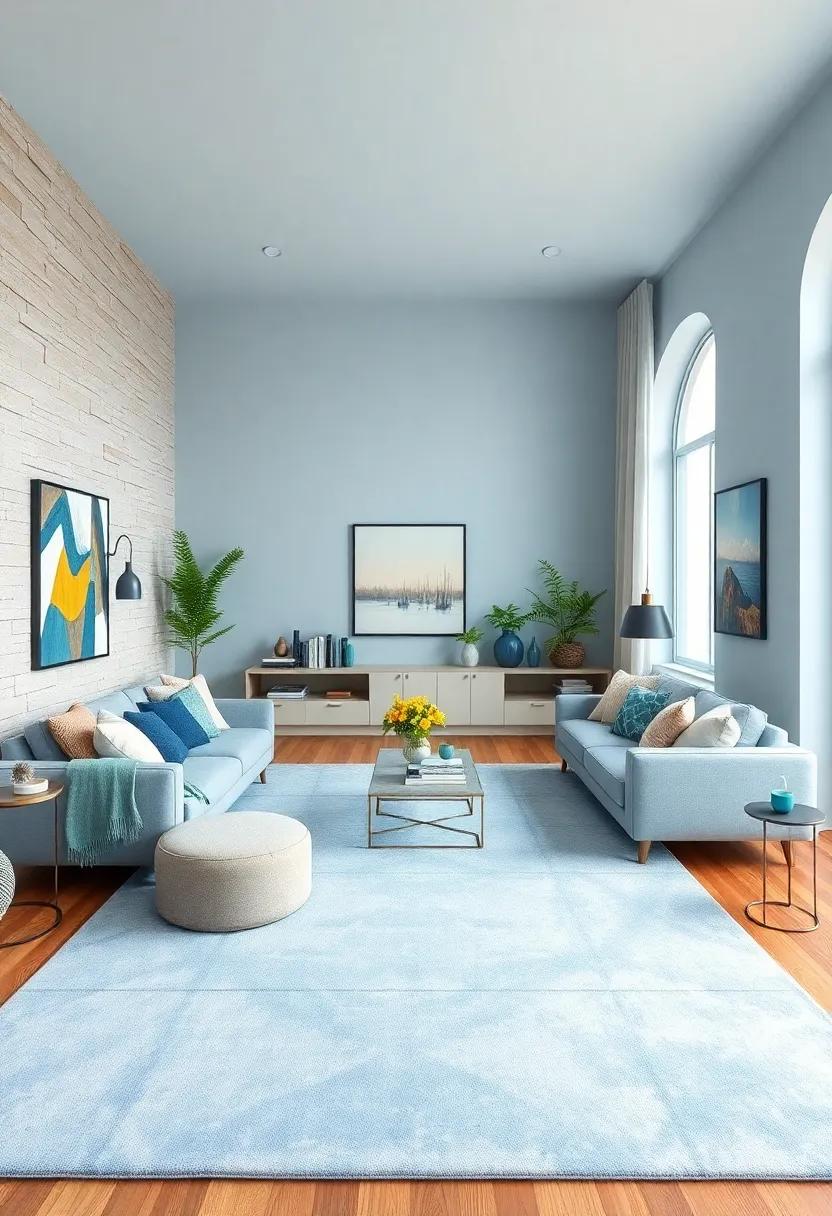 Light Blue Rug anchored Room: soften hardwood ‌floors with a large ‌light blue area rug‍ that ties together furniture pieces ⁢elegantly