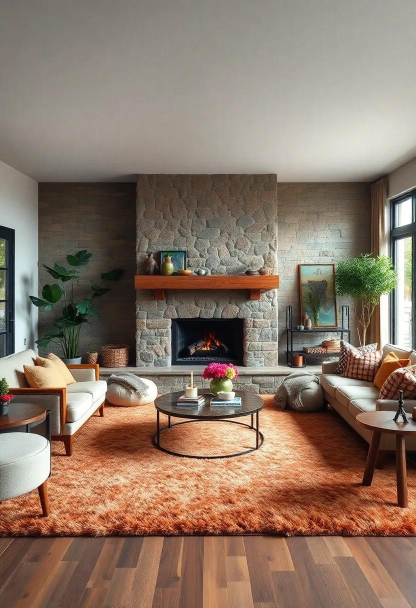 Embrace⁣ a rustic charm⁣ with a stone fireplace paired with a plush, ⁣oversized area rug in ​earthy tones