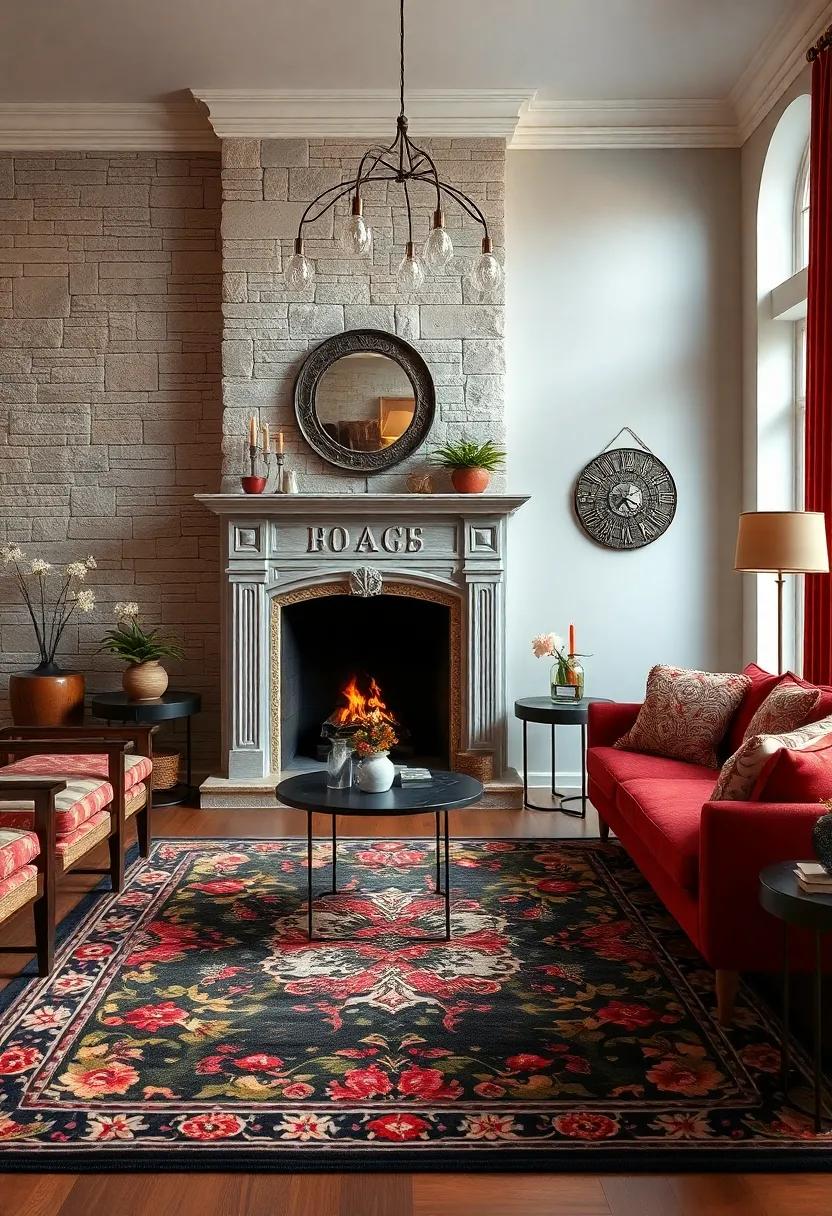 Incorporate a vintage floral rug in front of a classic Victorian fireplace to blend elegance with ⁤warmth