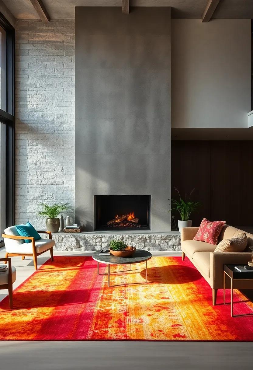 Spice up a monochrome ⁢fireplace wall⁣ with ⁤a brightly colored area rug‍ to ‍inject warmth and personality