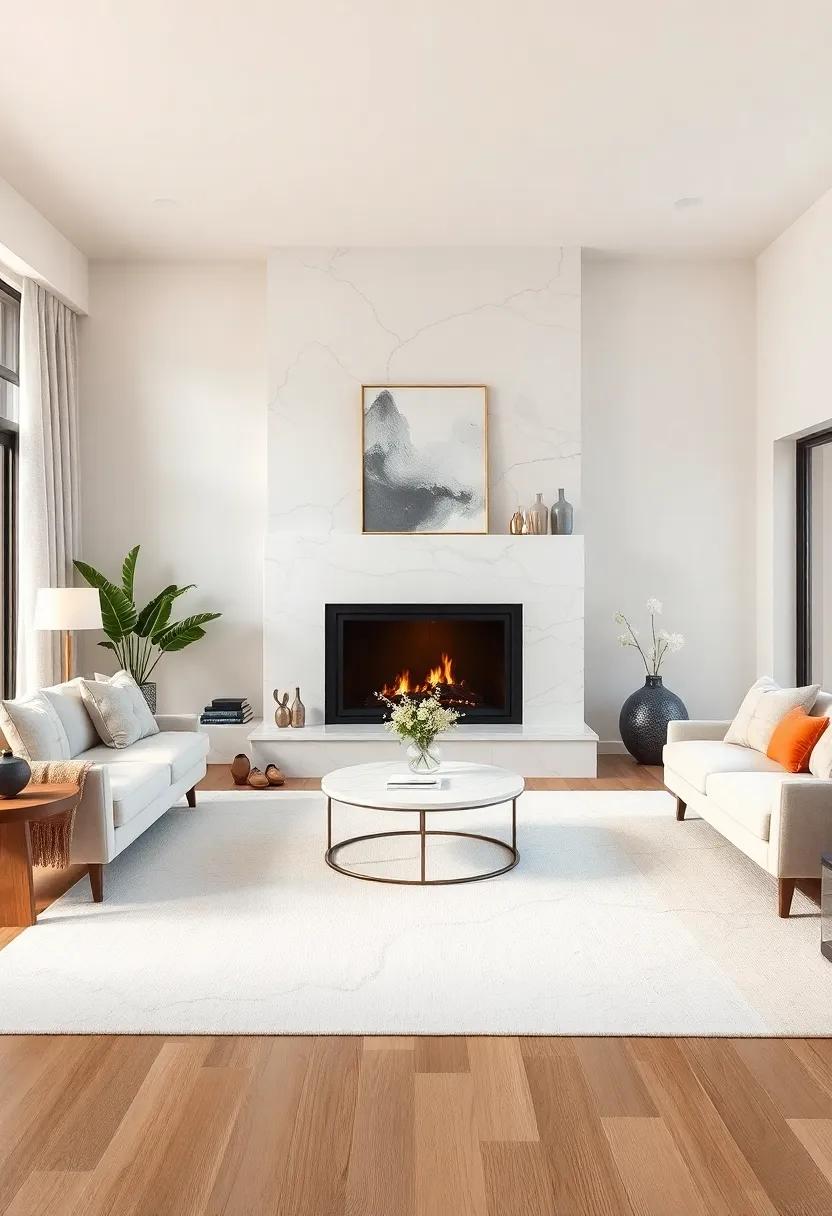 Structure​ a monochrome color palette with an all-white rug and a matching marble fireplace for serene warmth