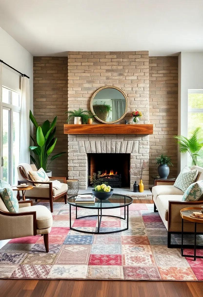 Use a patchwork rug‍ with various textures beneath a reclaimed wood mantel fireplace for ​eclectic charm