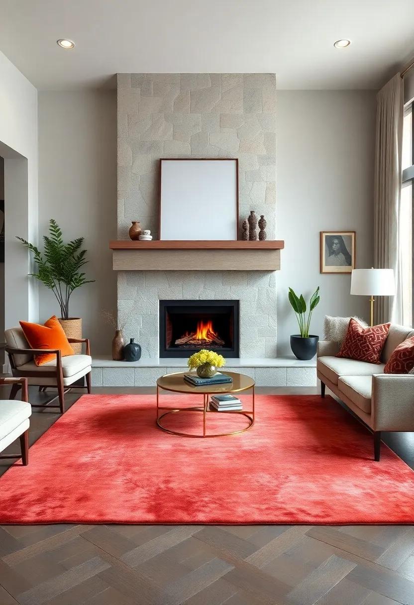 Place a soft velvet​ area rug with deep jewel tones in front of a ⁢cast iron⁢ fireplace ​for a luxurious touch
