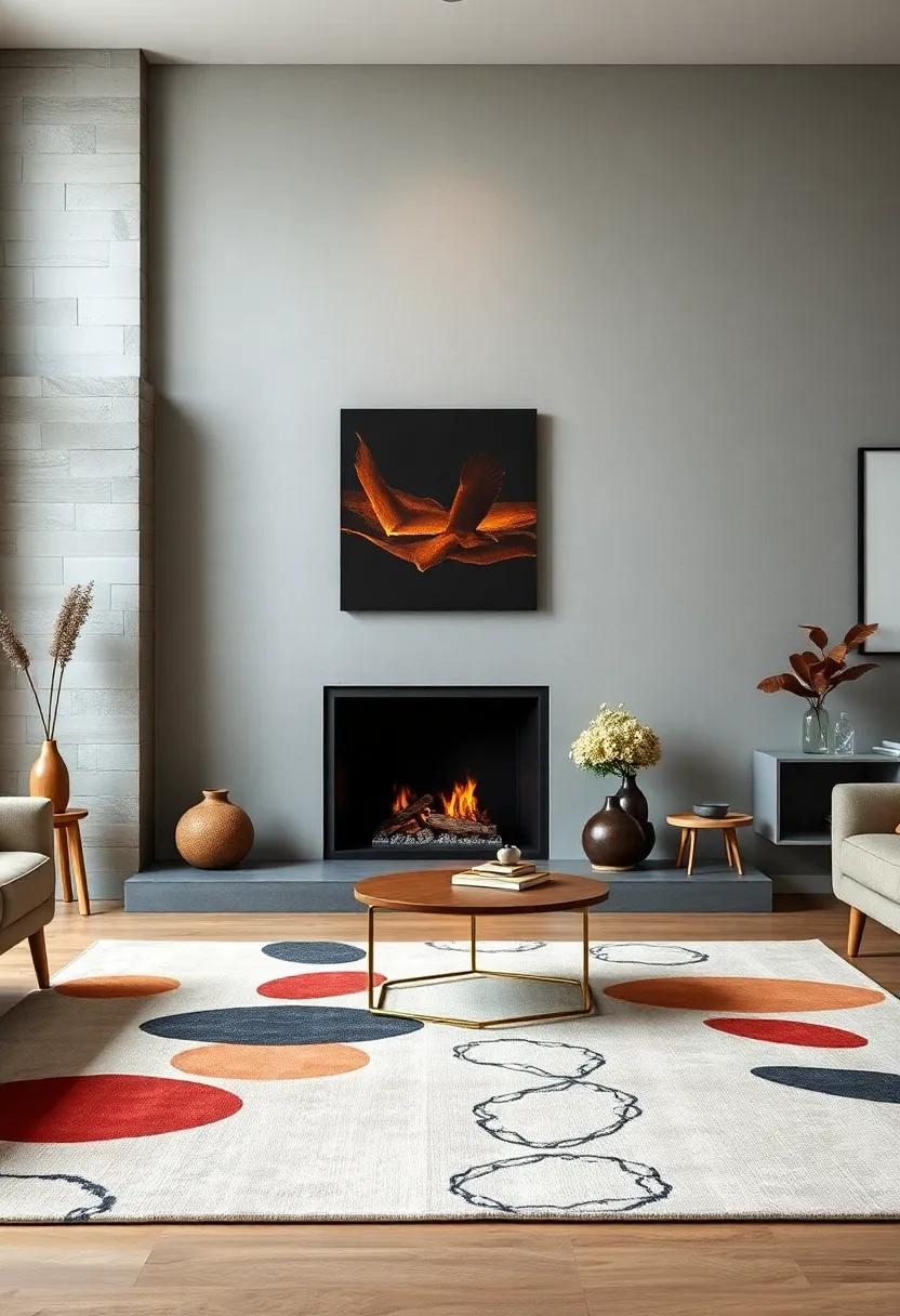 Arrange a‌ mid-century⁢ modern rug with abstract patterns beneath a minimalist black fireplace for retro flair