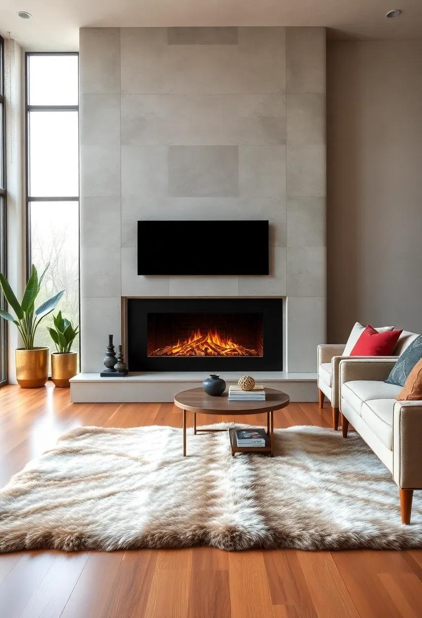 introduce ​a faux fur rug in front of a sleek​ electric fireplace to maximize ⁣tactile warmth and comfort