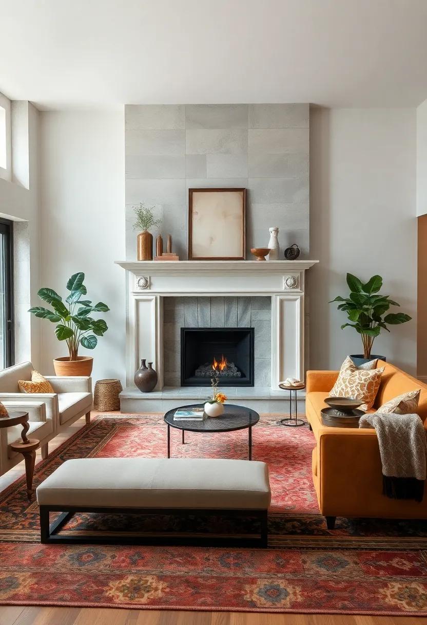 layer ⁤a patterned persian rug beneath a vintage mantel fireplace to ​create a timeless warm setting