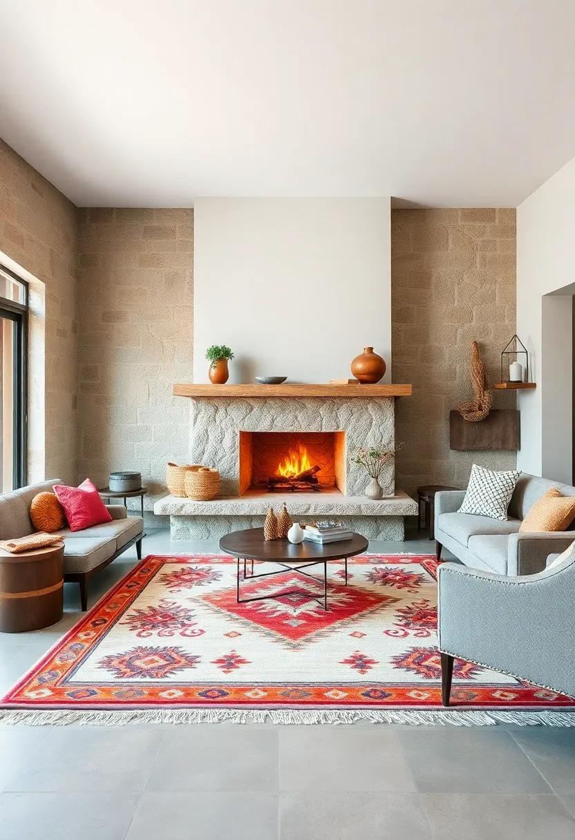 Use a southwestern motif rug paired⁤ with a adobe-style fireplace⁣ to evoke desert coziness
