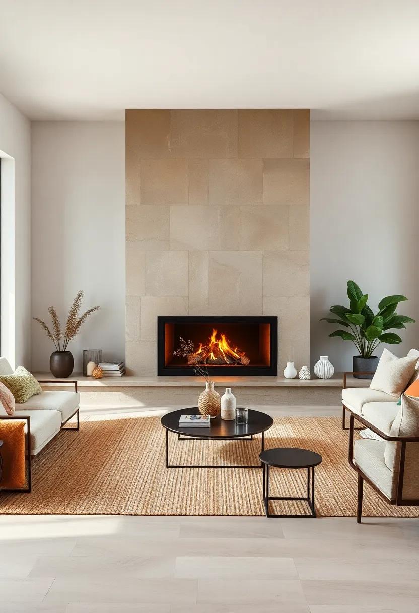 Choose a natural fiber rug layered under a modern, glass-enclosed​ fireplace for‌ an earthy yet contemporary ⁣look