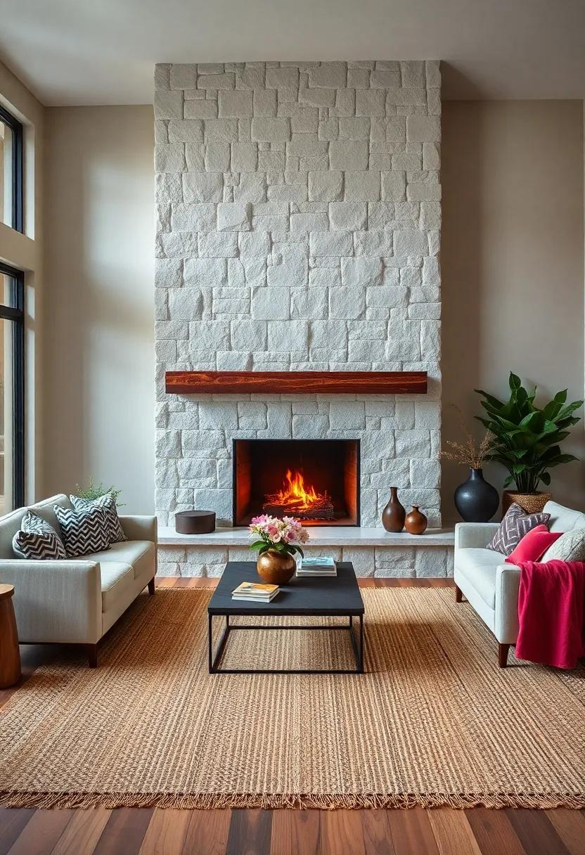 Introduce a coastal-inspired sisal rug near a light-colored stone fireplace for breezy comfort