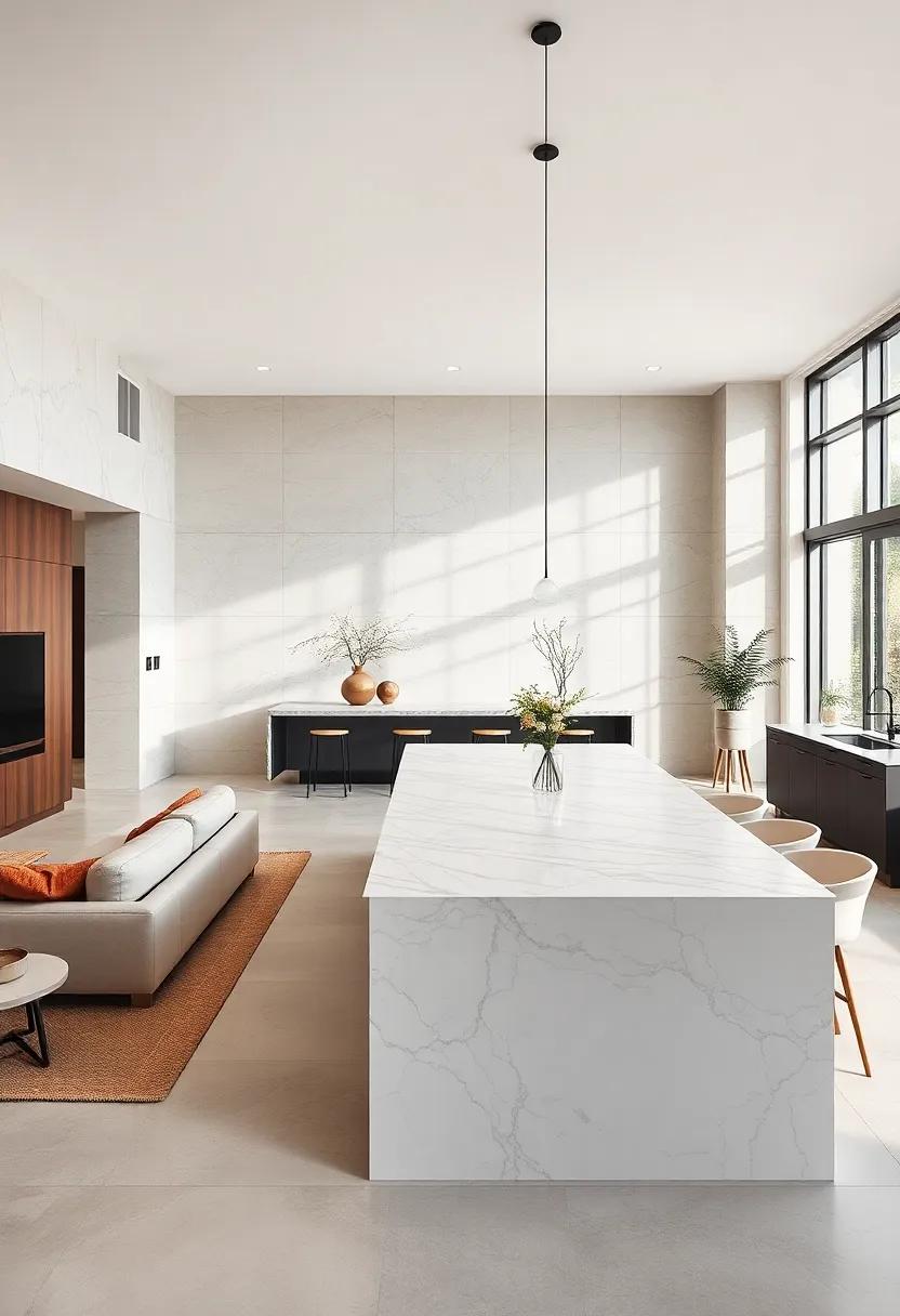 Embrace Modern Elegance with ⁢a Sleek Marble Island That seamlessly Connects Your Living and Kitchen Spaces