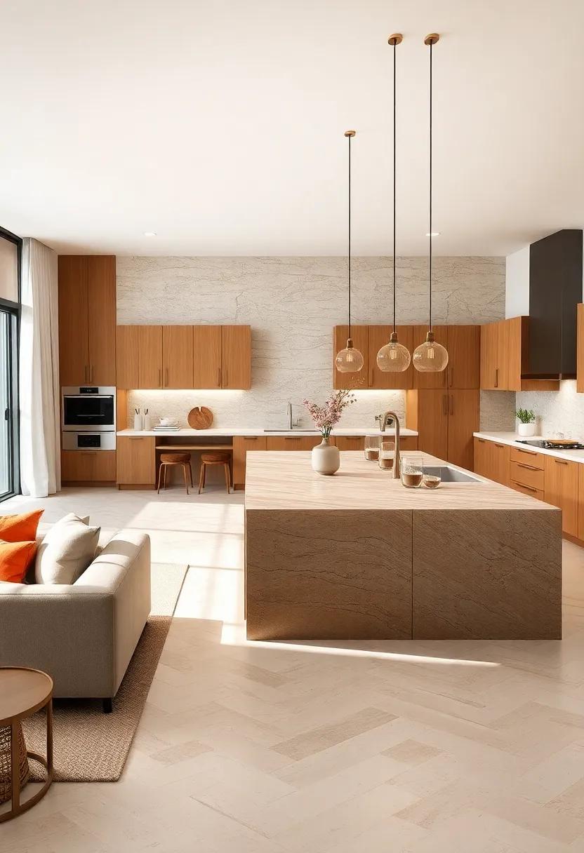 blend Texture⁣ and Tone with a Two-Tone Island Featuring Natural Stone and Matte Cabinetry