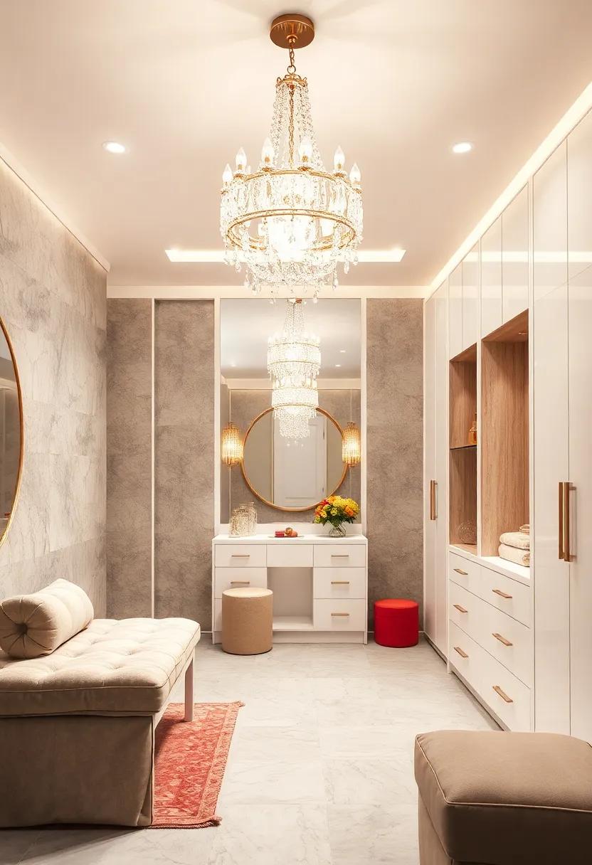 A minimalist dressing room with sleek white ⁢cabinetry ‍complemented by a dazzling crystal chandelier that adds a touch of glamour