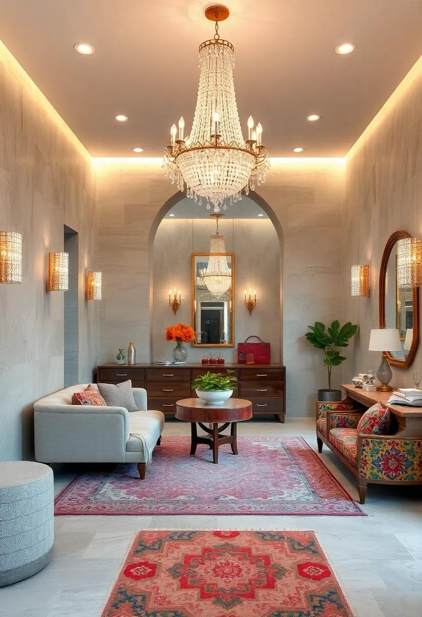 Eclectic dressing room blending ⁣vintage rugs ​and bold ​prints with a statement crystal chandelier that ties the look together