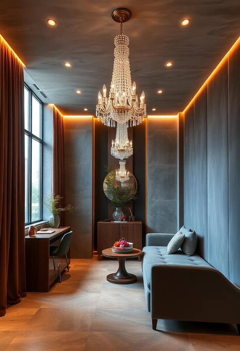 Lush velvet-lined dressing⁣ room featuring a crystal chandelier with cascading ‌prisms that refract light beautifully