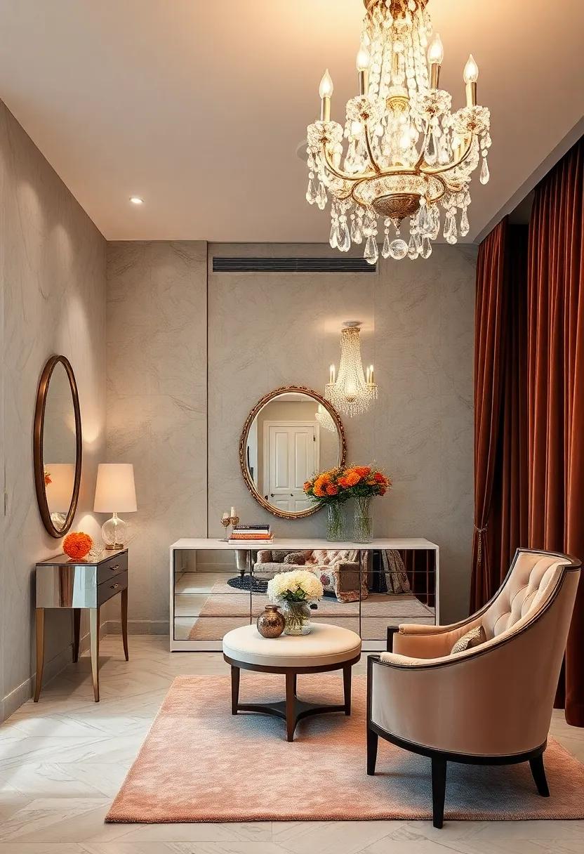 Vintage glam dressing space outfitted with ‍velvet upholstery and a classic empire crystal chandelier that evokes old Hollywood