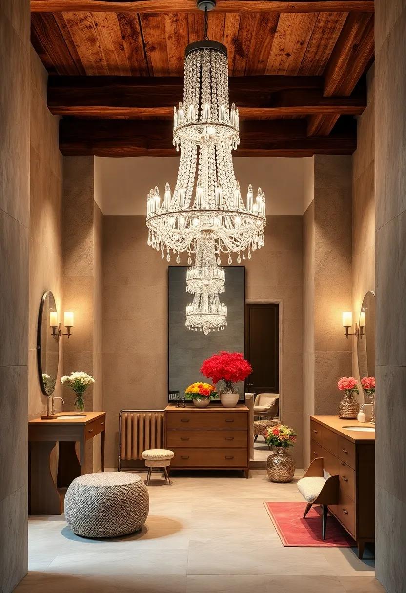 Rustic-chic dressing room⁣ enhanced by an antique-style crystal chandelier‍ that contrasts ‌beautifully with exposed wooden beams