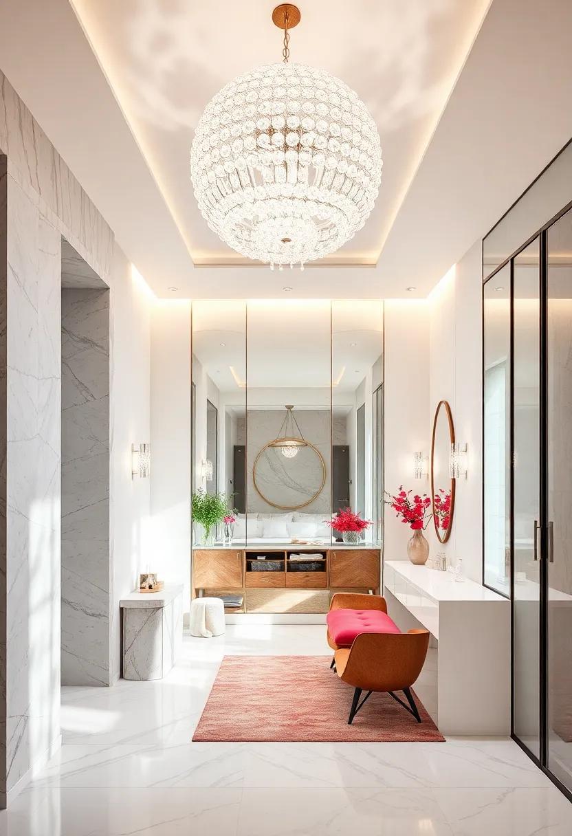 All-white dressing room with clean lines and a globe-shaped crystal chandelier casting mesmerizing patterns of light