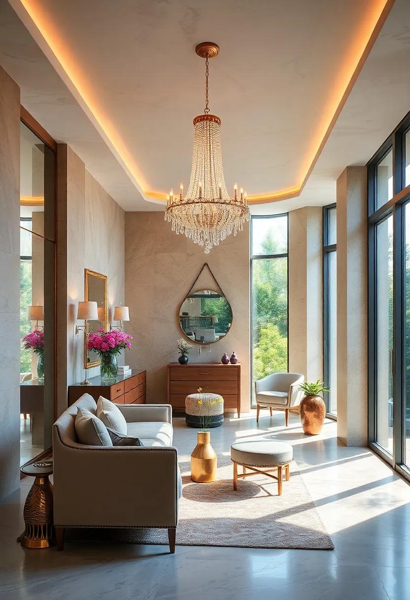 Bright dressing room with oversized windows and a delicate crystal chandelier that enhances the ⁢natural ⁢light ‌streaming​ in