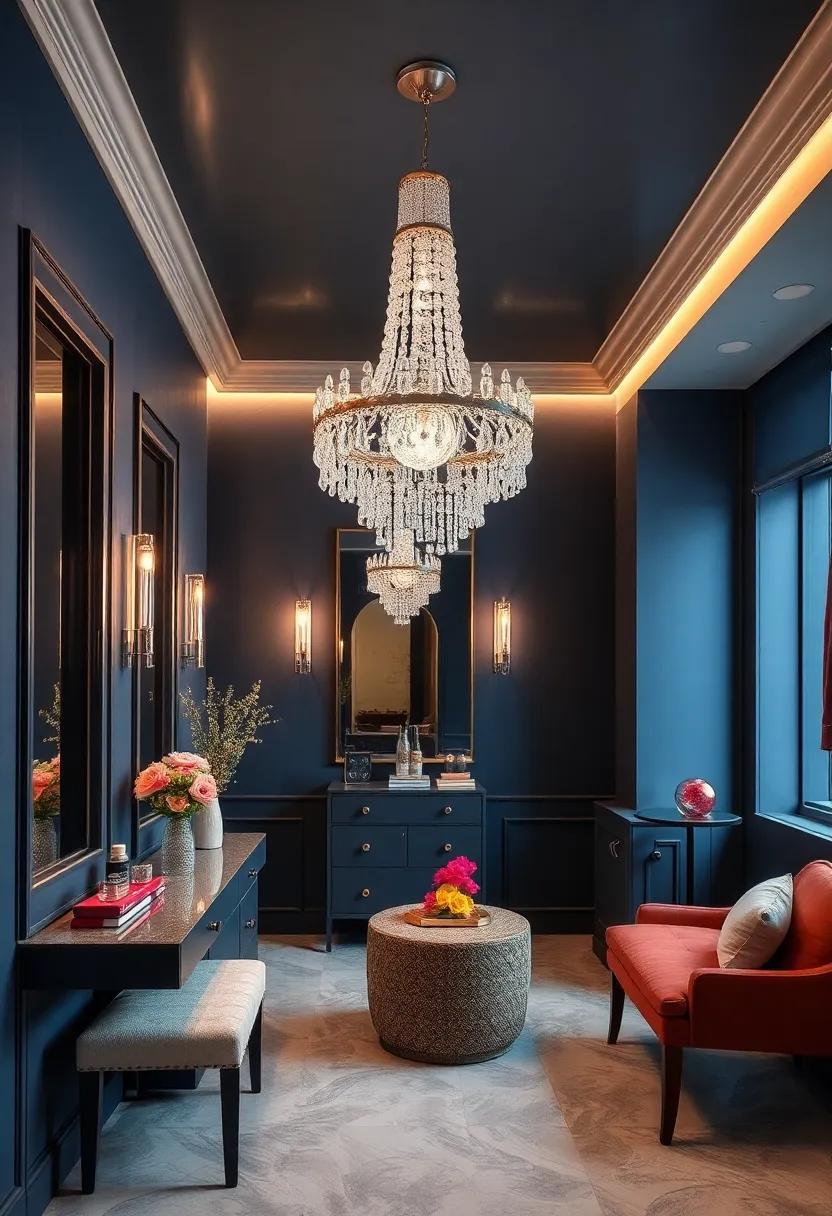 Elegant dressing room with navy blue walls and a cascading Swarovski crystal‍ chandelier that adds richness and depth