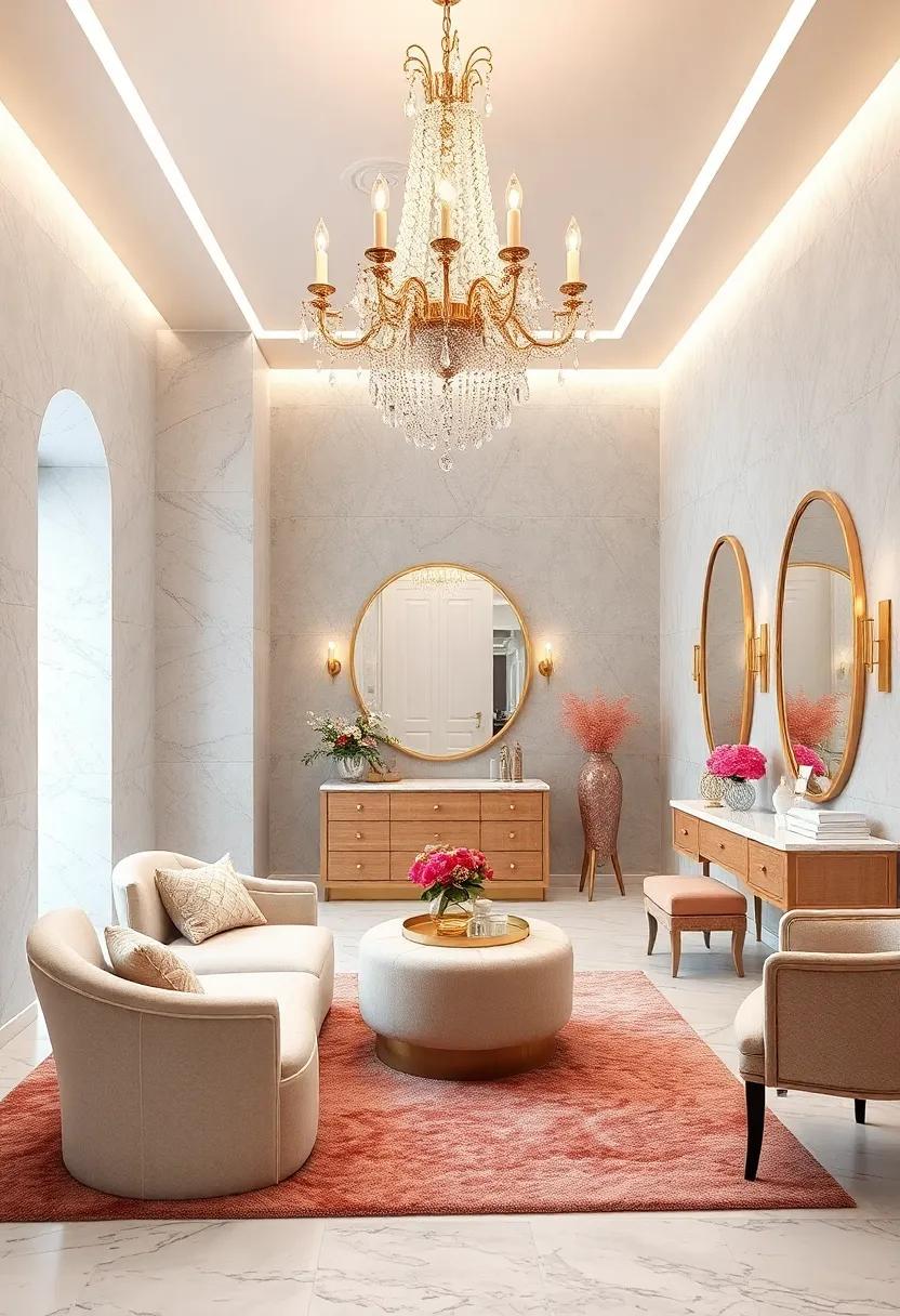 Chic ⁢dressing⁣ room accented by plush rugs and a vintage crystal chandelier revived with new LED bulbs for a blend of ‍old and new