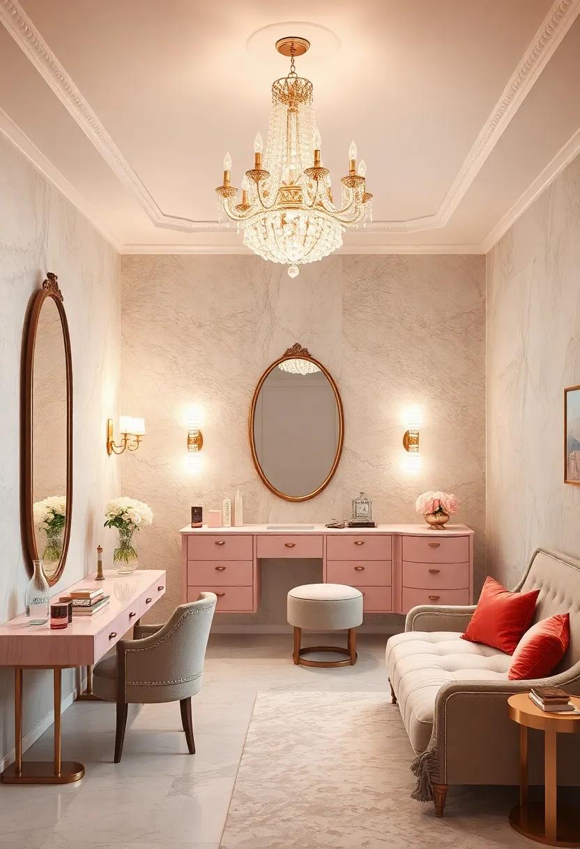 Feminine boudoir-inspired dressing room ‍decorated with blush hues and a dainty, ​multi-tiered crystal chandelier