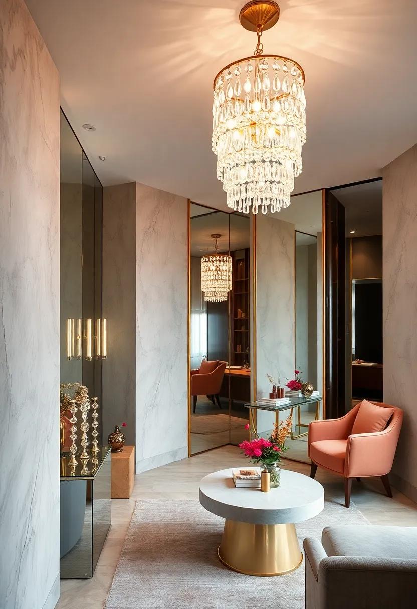 Contemporary dressing ‍area adorned with mirrored walls and a modern geometric crystal chandelier that ⁣reflects light effortlessly