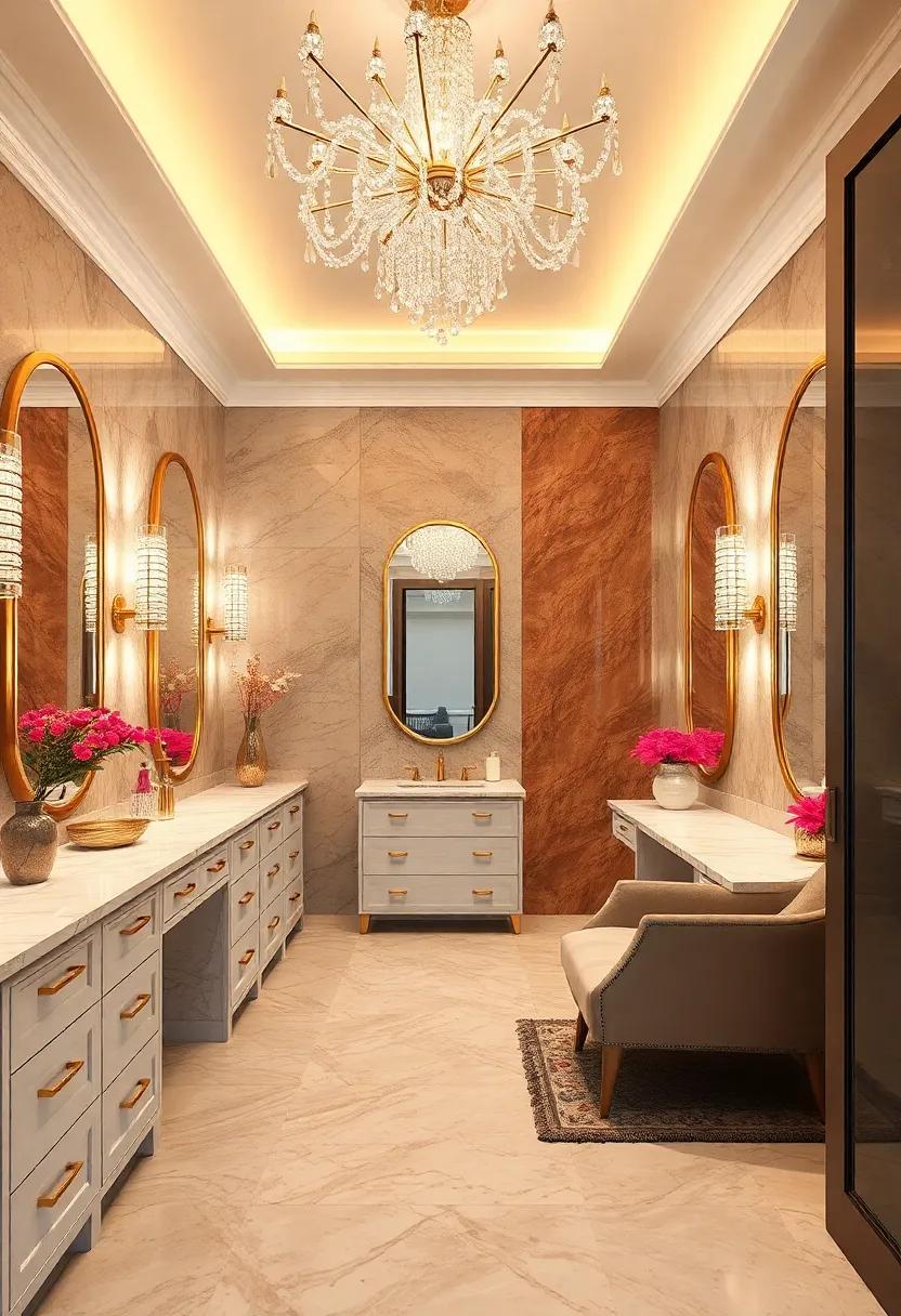 Ultra-luxe dressing ‍room featuring gold accents, marble countertops, and a starburst crystal chandelier for maximal impact
