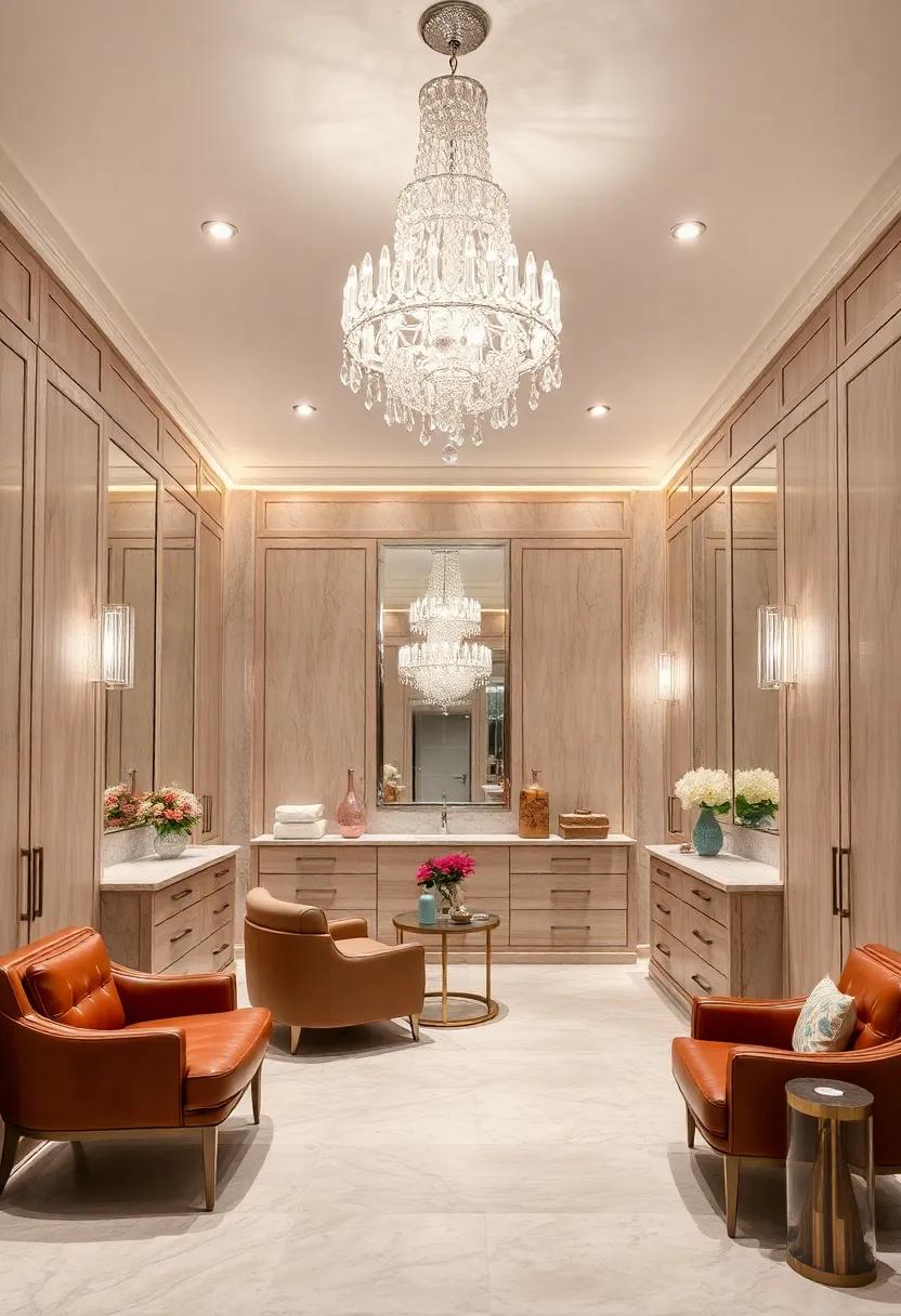 A spacious dressing room with custom​ cabinetry, leather ⁢seating, ​and a​ magnificent cut-glass crystal chandelier ⁤overhead
