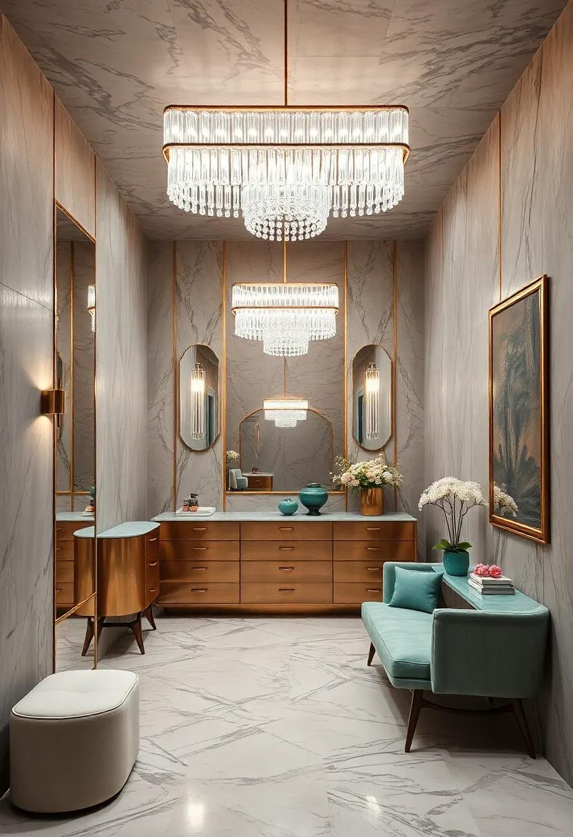 Art deco-inspired dressing space boasting ‍geometric patterns and a sleek linear crystal chandelier for a refined effect