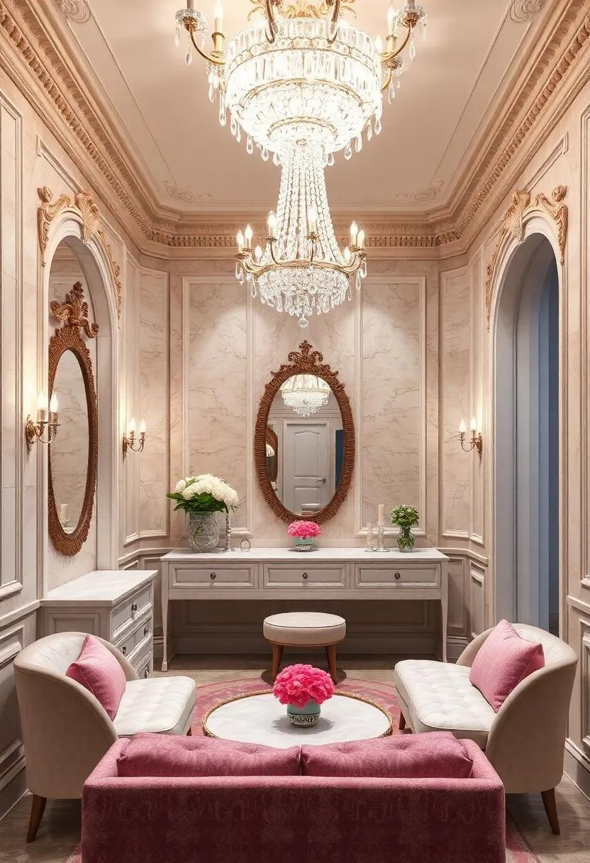 Classic French-style dressing room ‍featuring ornate moldings and an exquisite chandelier made ​entirely of hand-cut crystals