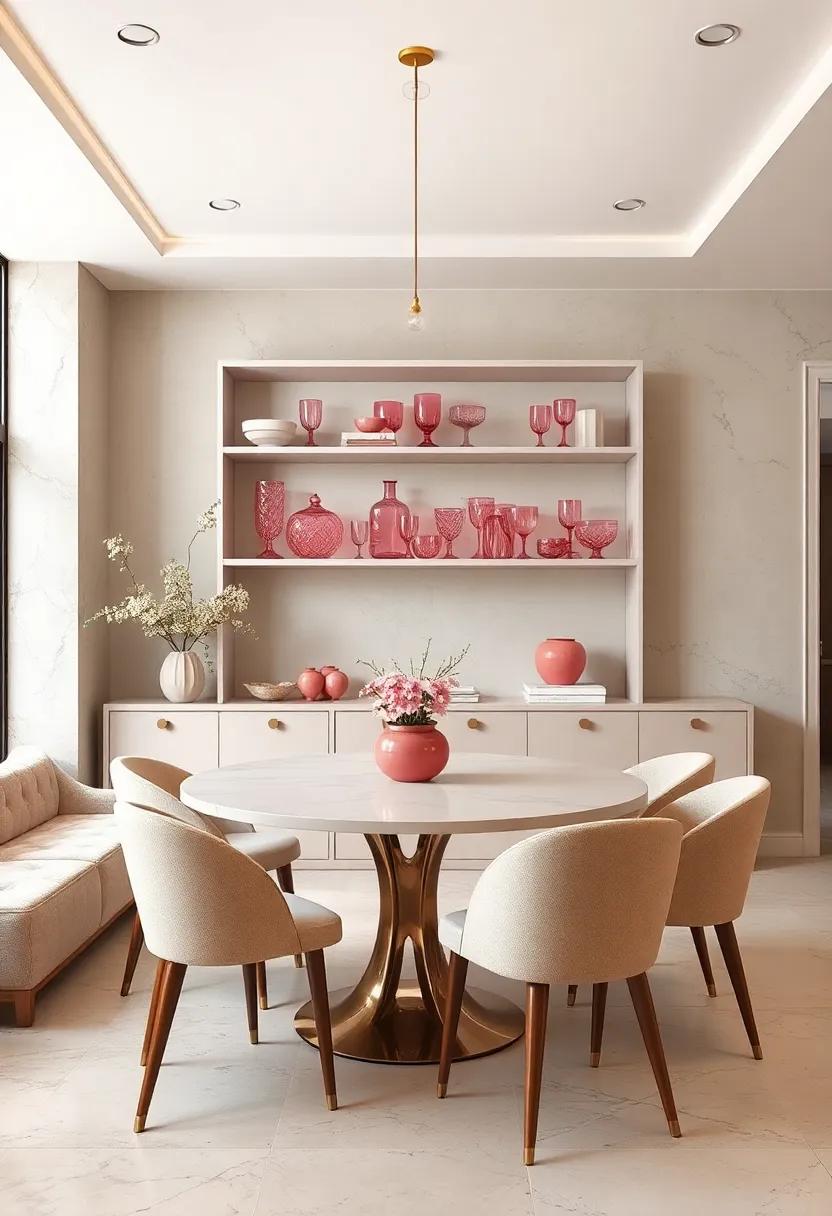 cream​ Toned Minimalist Shelving Filled⁣ with Pink⁣ Glassware to Elevate Storage ‌Style
