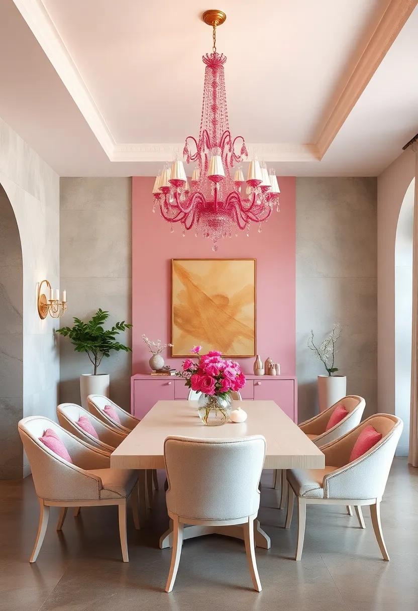 Statement Pink chandelier Hanging ⁤Above a‌ Cream wood Dining Set