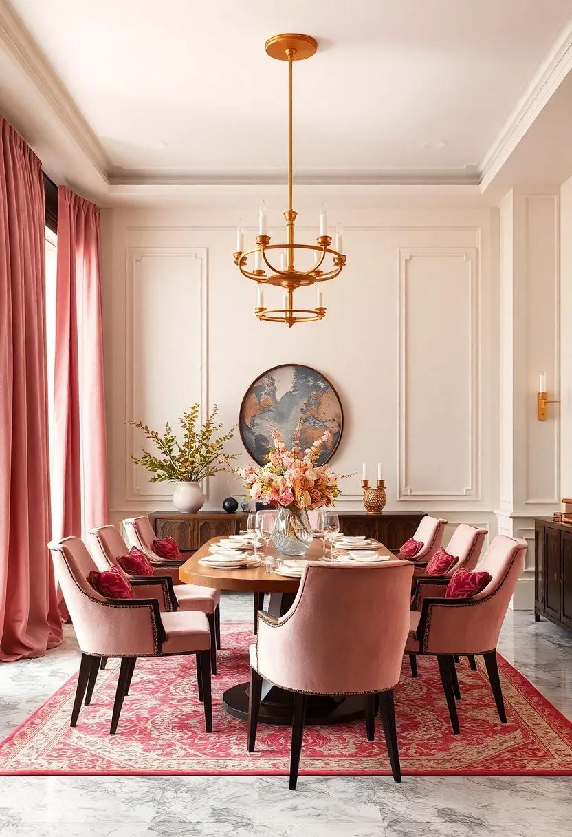 Cream Walls​ with Pink Velvet Curtains and Brass Lighting fixtures for Refined Elegance
