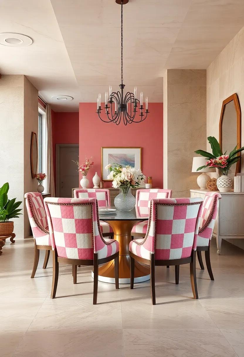 Pink and Cream ‌Patchwork Upholstery on Classic Dining Chairs for Artistic⁣ Flair