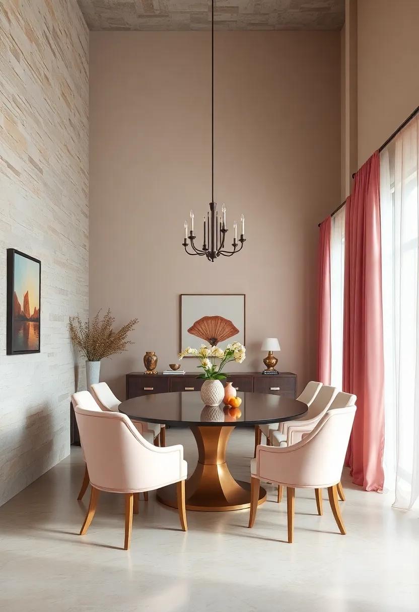 Pink Silk Drapes ⁢Complemented by Cream Upholstered Dining Chairs for Timeless​ Charm