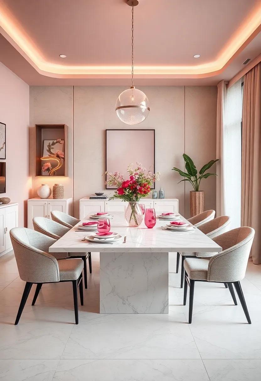 cream Marble Dining Table ‌with Pink Acrylic ⁢Accents for a‌ Modern Luxe Look