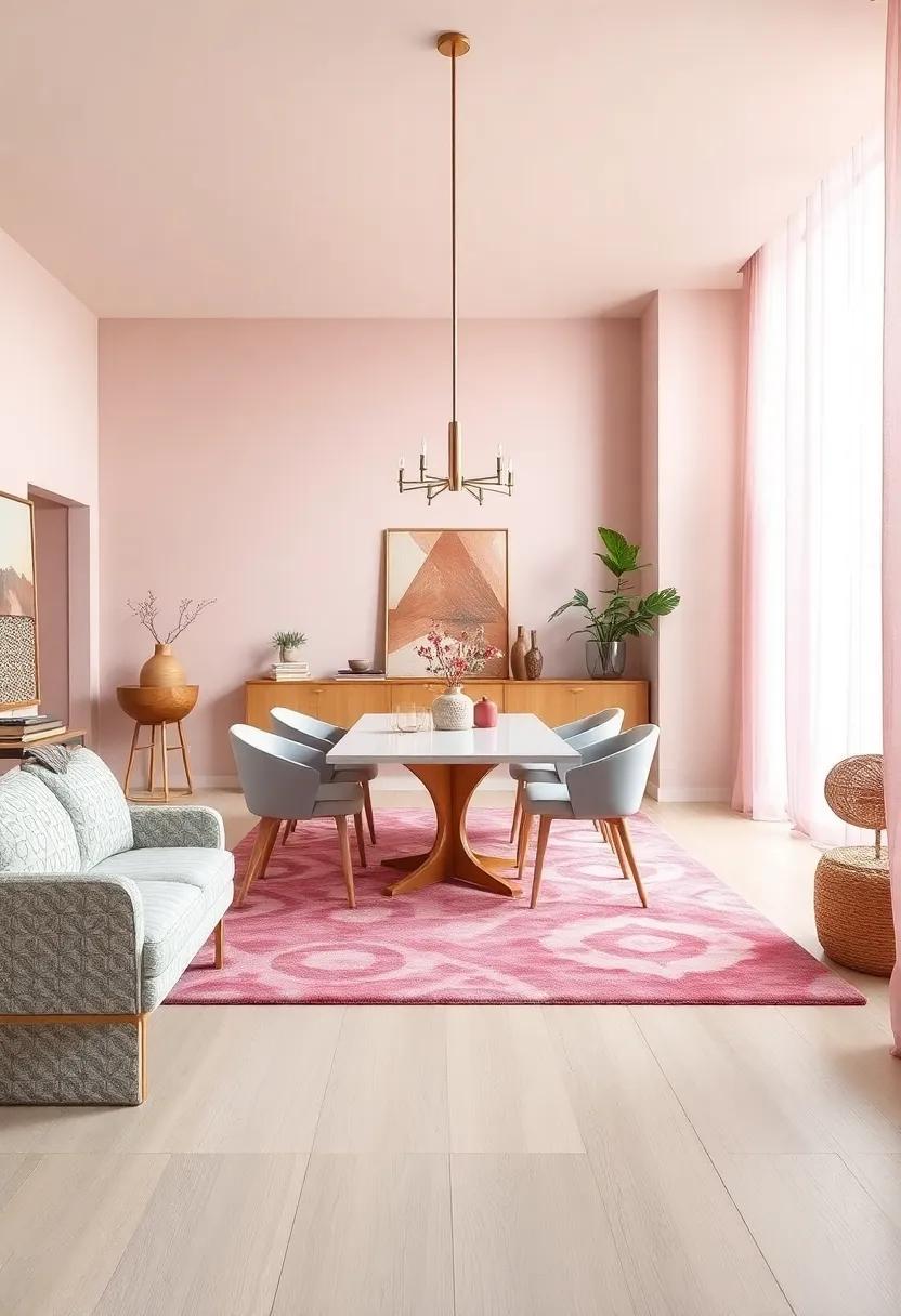 Pink Blush ⁤Rugs‌ Layered Over Cream Hardwood to Define‍ the Dining Zone