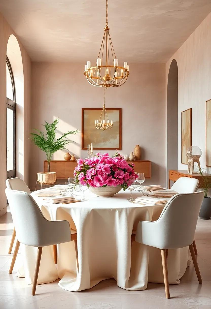 Cream Linen Tablecloth⁣ with Pink Floral Centerpiece to Enhance Natural Light