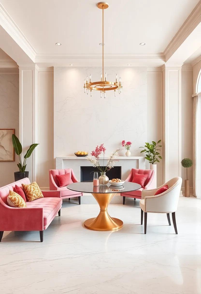 Cream⁤ Marble Fireplace with ⁣Pink ⁤Upholstered⁤ Mantel‌ Seating for Cozy Glamour