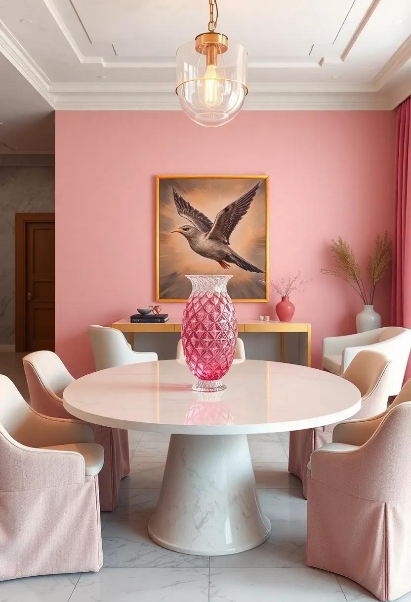 A Pink Crystal Vase⁢ on a Cream Table Centerpiece for Subtle luxury and Sophistication